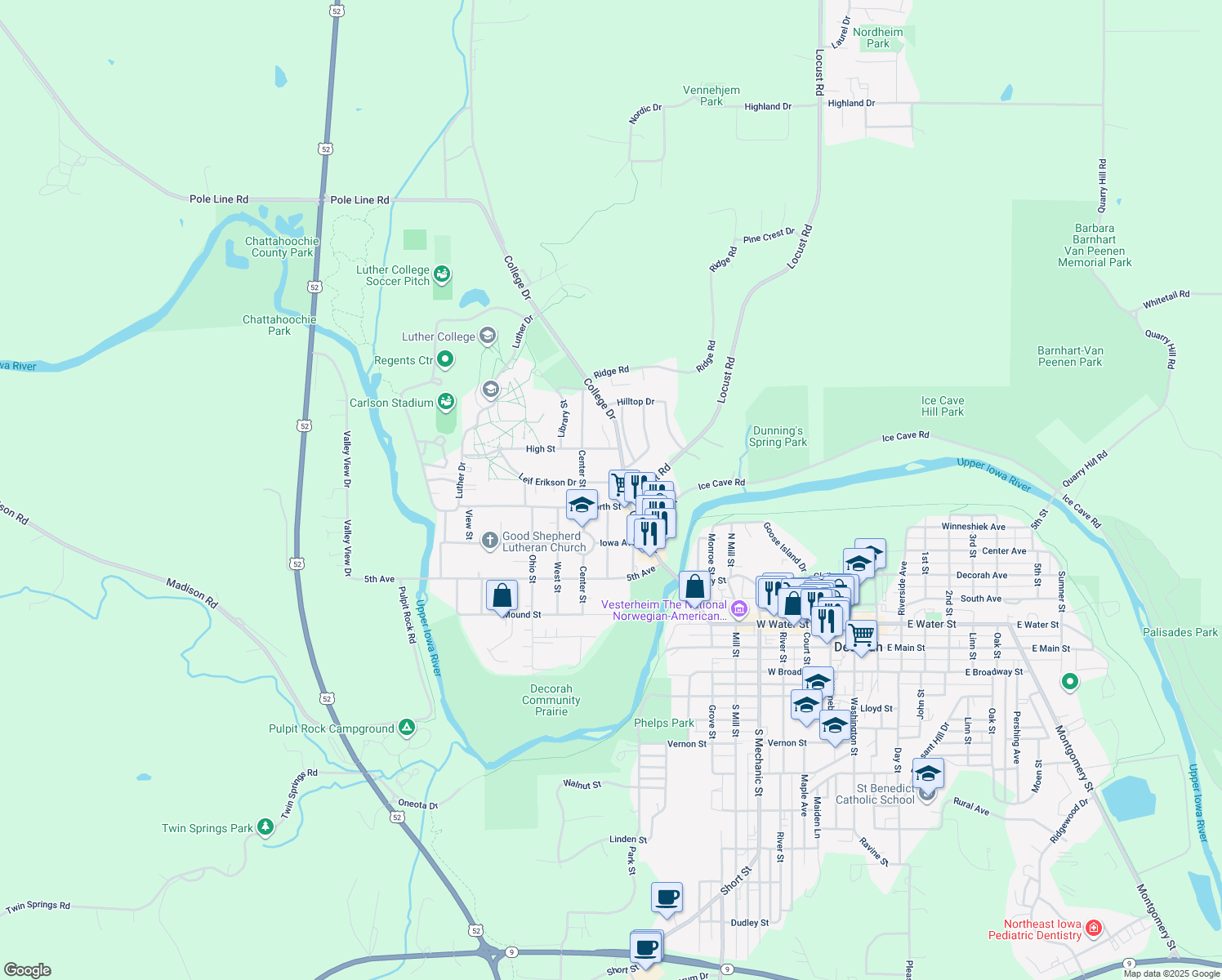 map of restaurants, bars, coffee shops, grocery stores, and more near 207 Leif Erikson Drive in Decorah