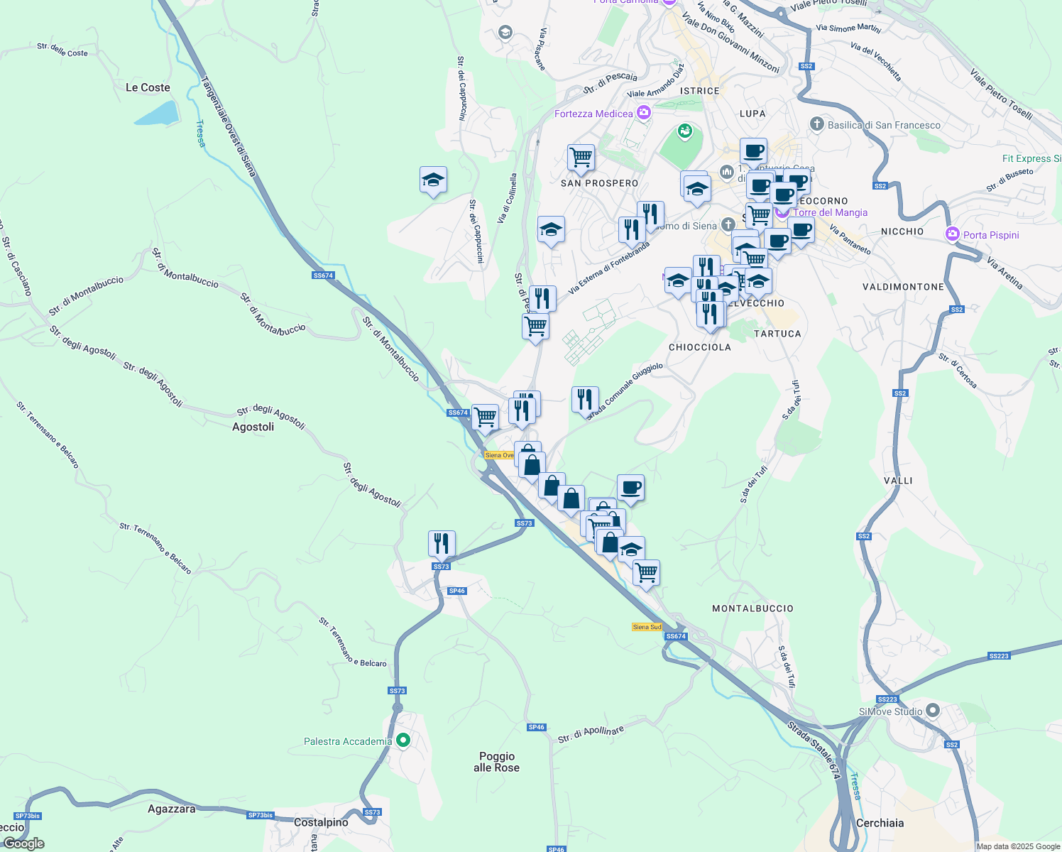 map of restaurants, bars, coffee shops, grocery stores, and more near 94 Via Massetana in Siena