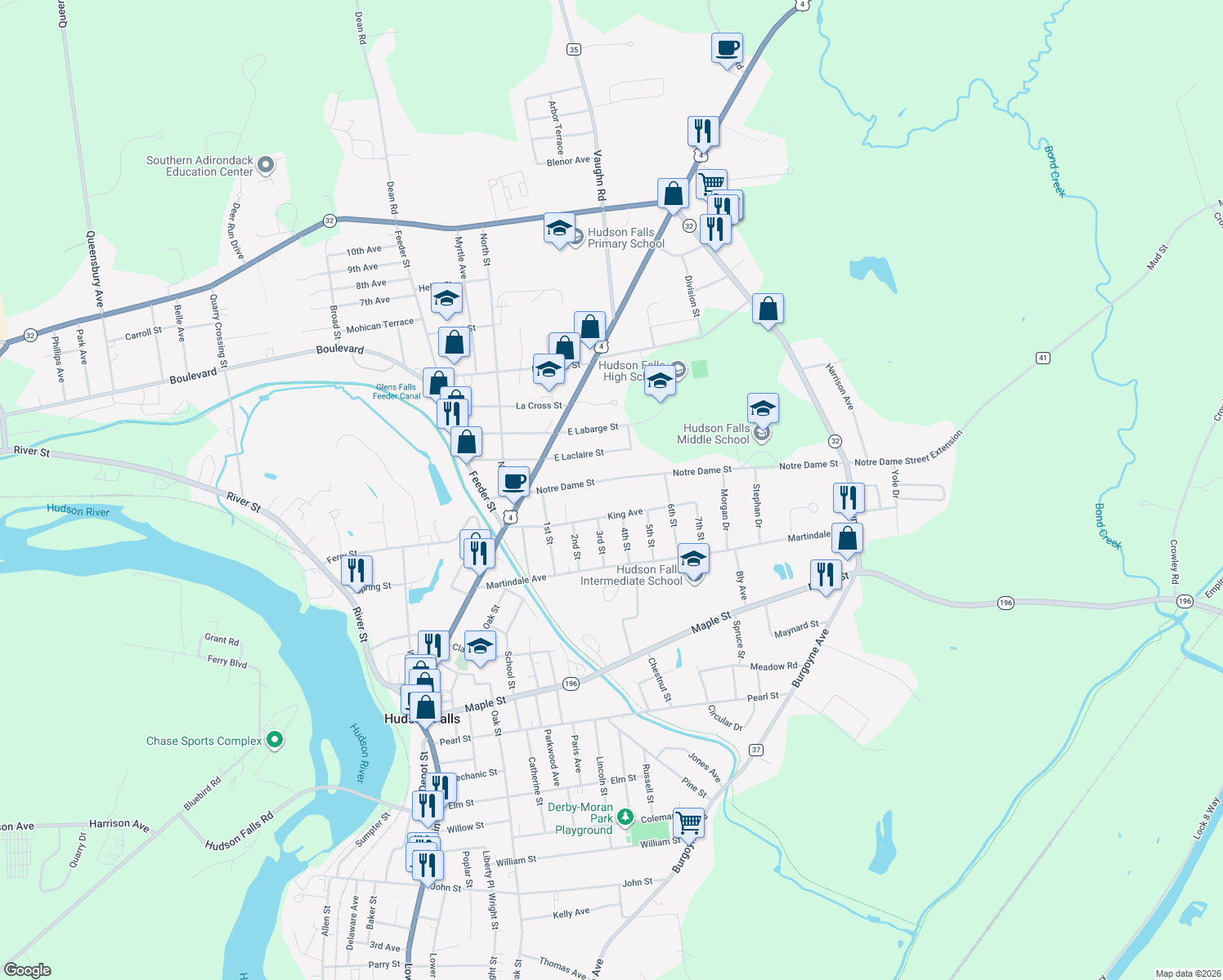 map of restaurants, bars, coffee shops, grocery stores, and more near 36 Notre Dame Street in Hudson Falls
