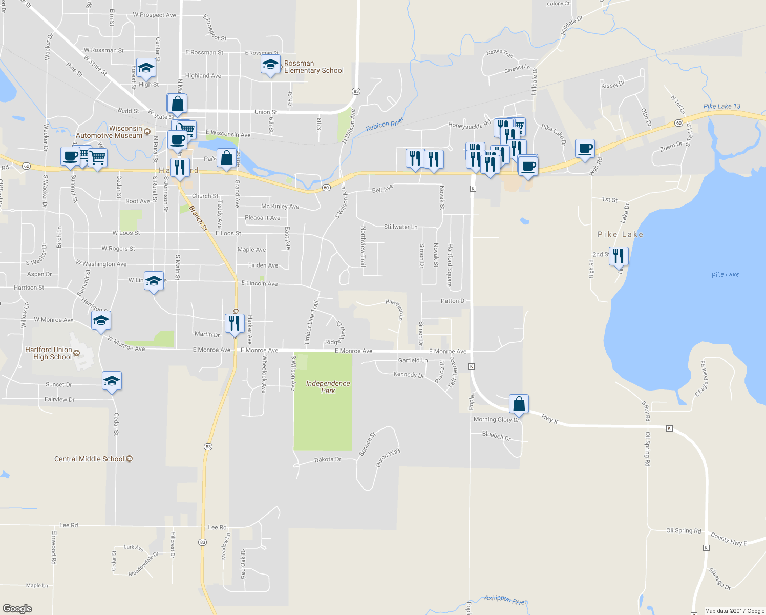map of restaurants, bars, coffee shops, grocery stores, and more near 6543 Hawthorne Lane in Hartford