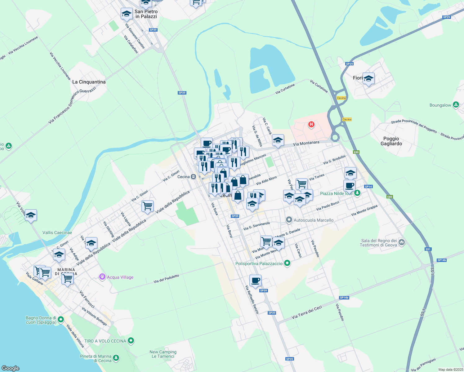 map of restaurants, bars, coffee shops, grocery stores, and more near 9 Via Amendola in Cecina
