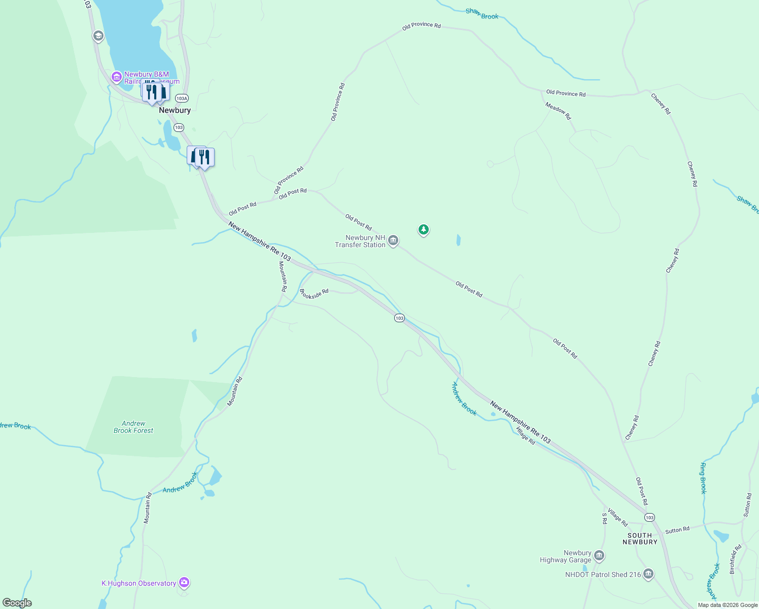 map of restaurants, bars, coffee shops, grocery stores, and more near 694 Highway 103 in Newbury
