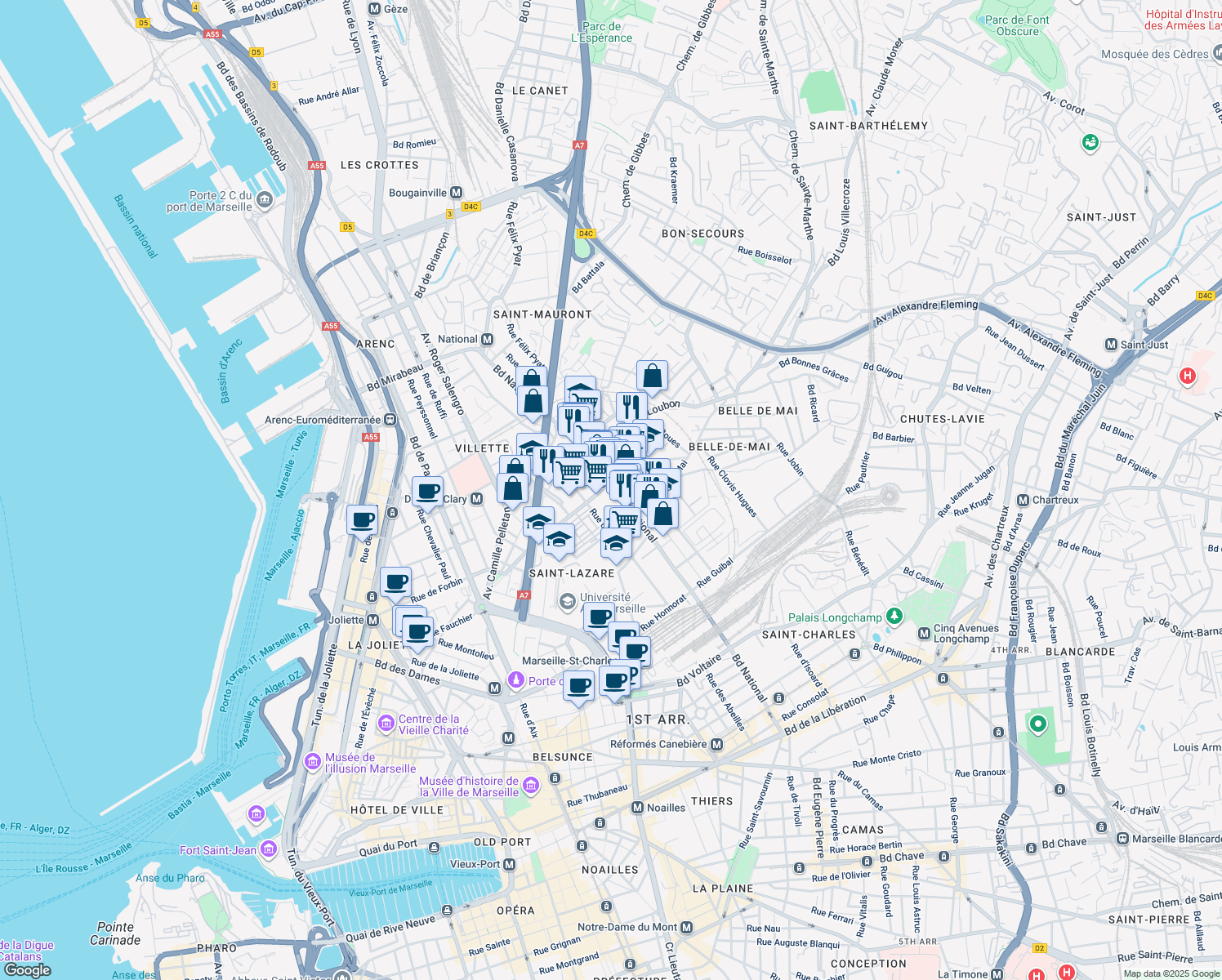 map of restaurants, bars, coffee shops, grocery stores, and more near 72 Boulevard de Strasbourg in Marseille