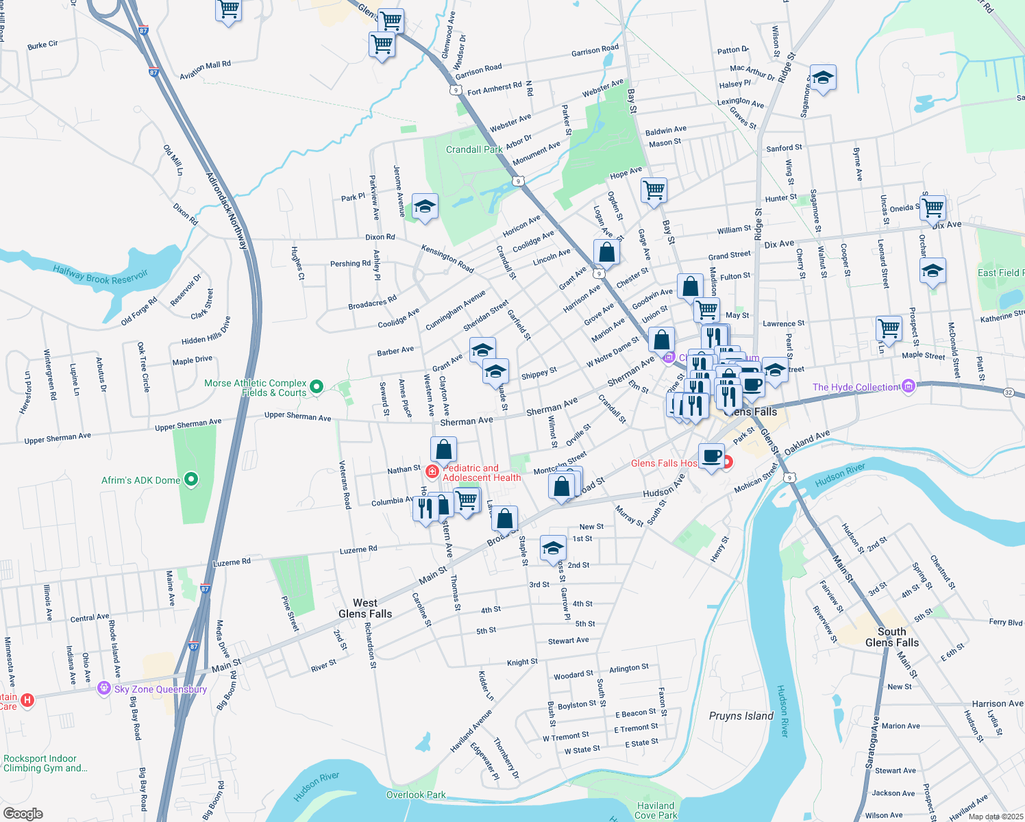 map of restaurants, bars, coffee shops, grocery stores, and more near 1 Quade St in Glens Falls