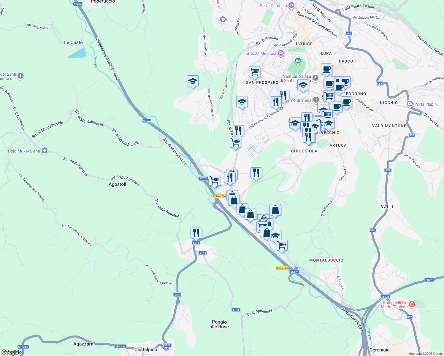 map of restaurants, bars, coffee shops, grocery stores, and more near 11/13 Via Paolo Frajese in Siena