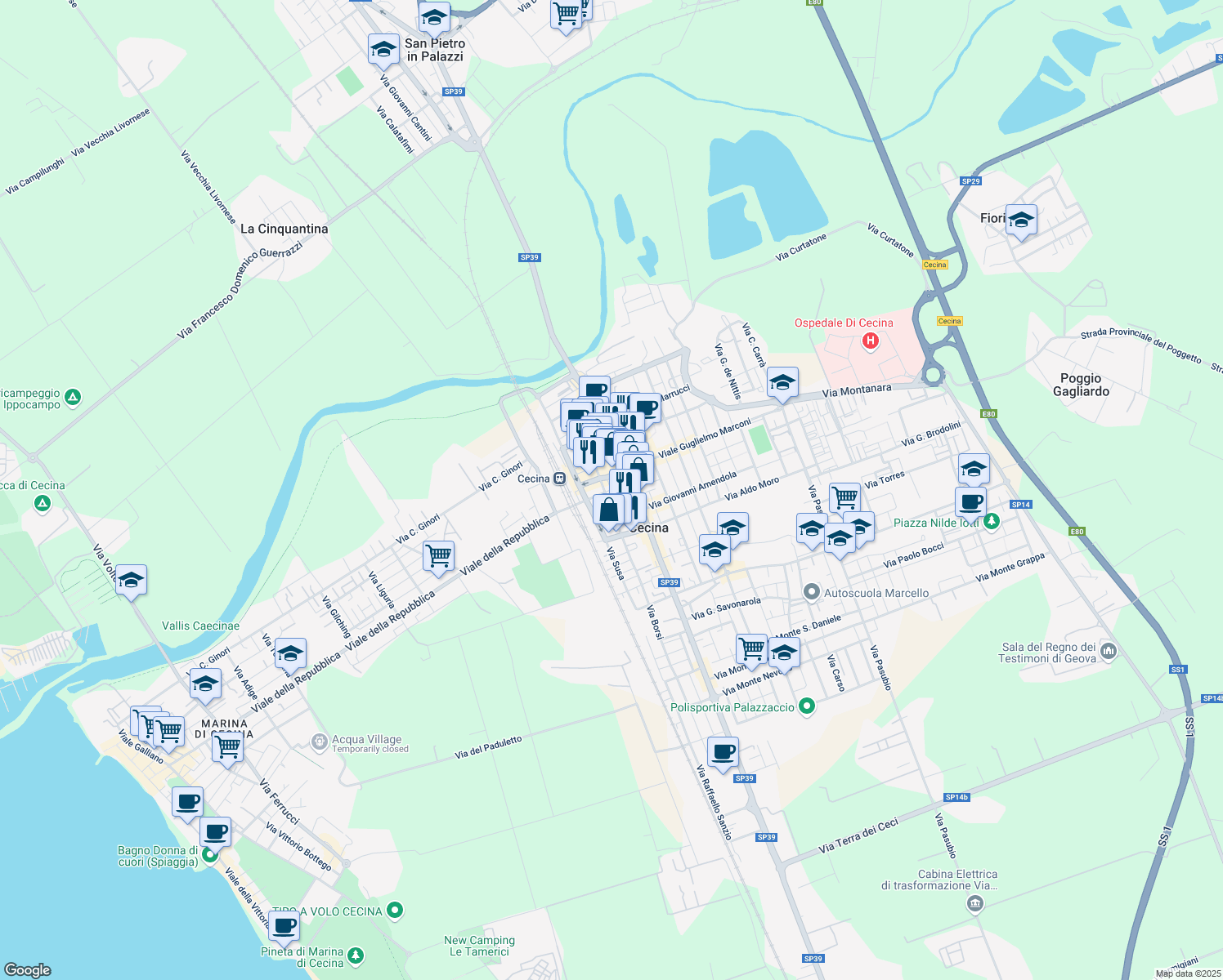 map of restaurants, bars, coffee shops, grocery stores, and more near 14 Viale Italia in Cecina