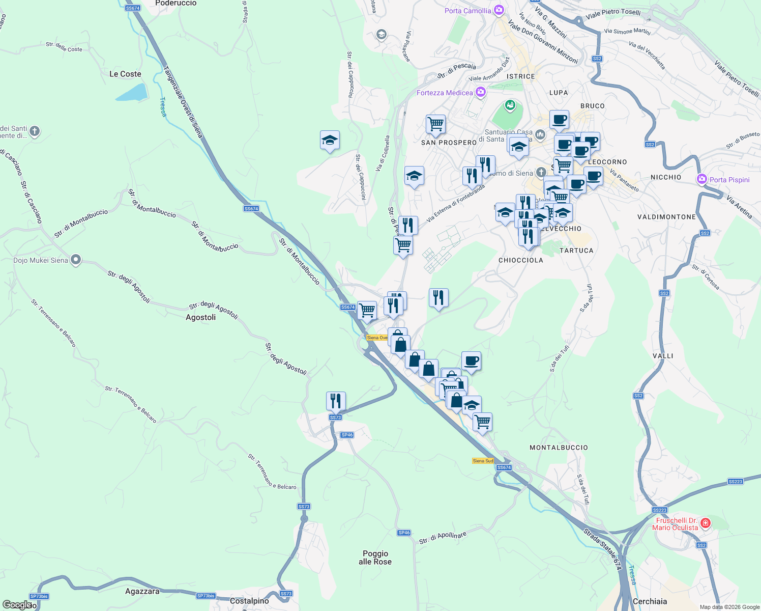 map of restaurants, bars, coffee shops, grocery stores, and more near 11 Via Paolo Frajese in Siena