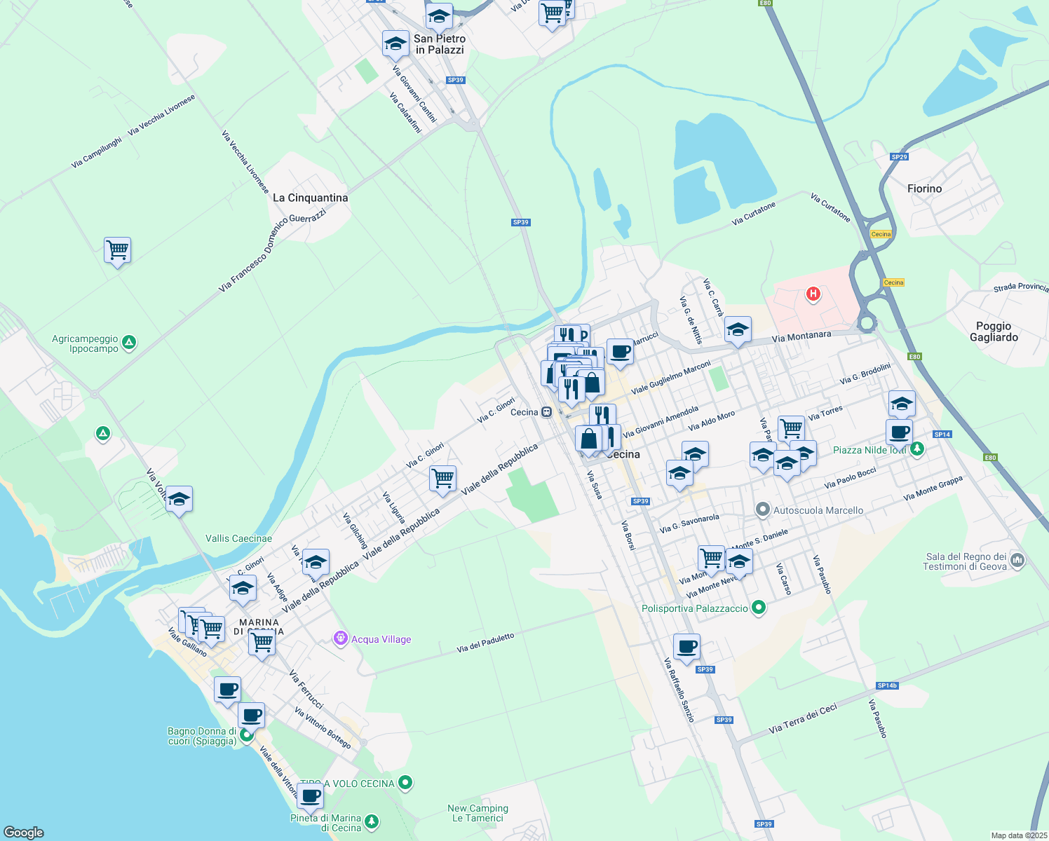map of restaurants, bars, coffee shops, grocery stores, and more near 9 Via Carlo Ginori in Cecina