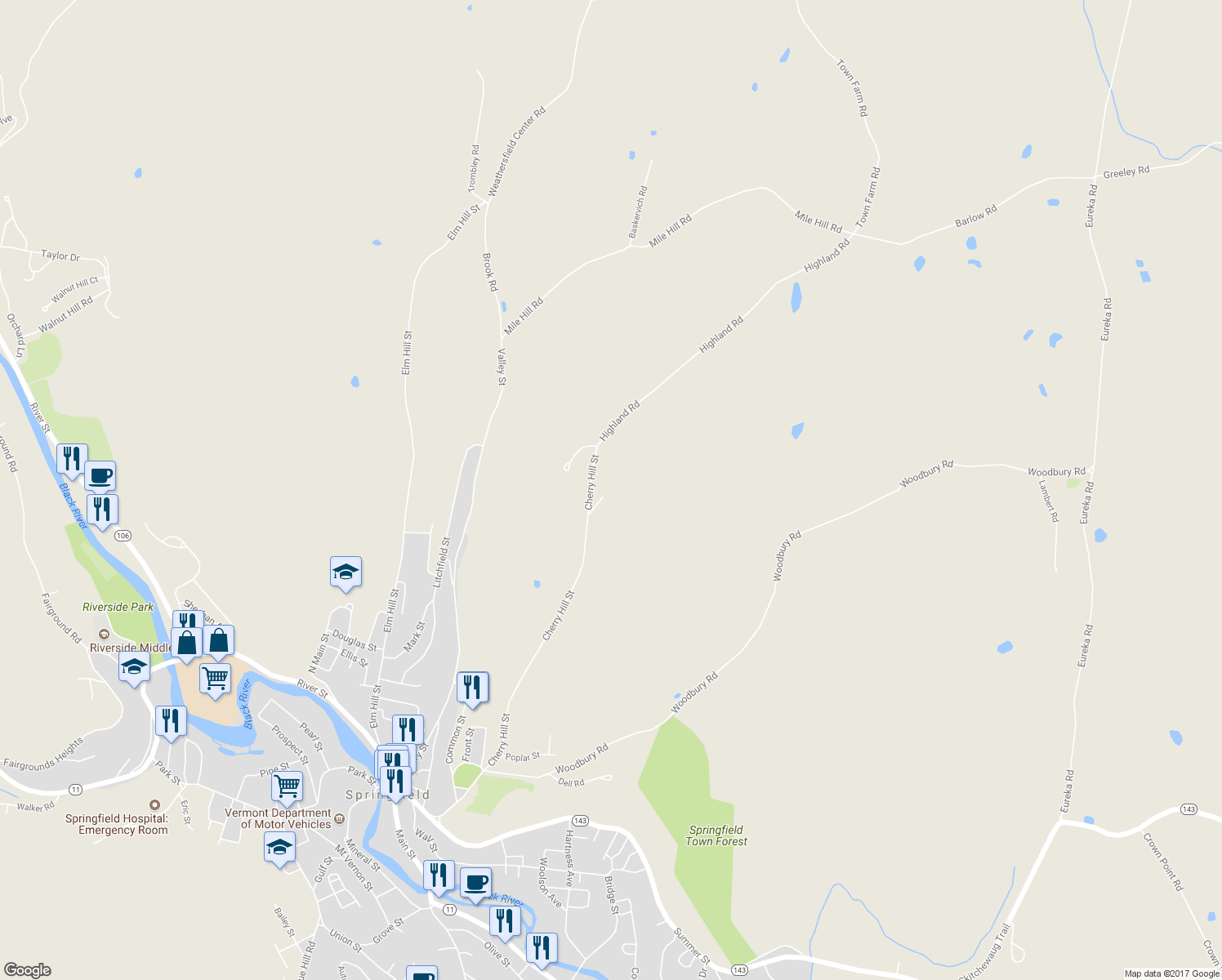 map of restaurants, bars, coffee shops, grocery stores, and more near 229 Highland Road in Springfield