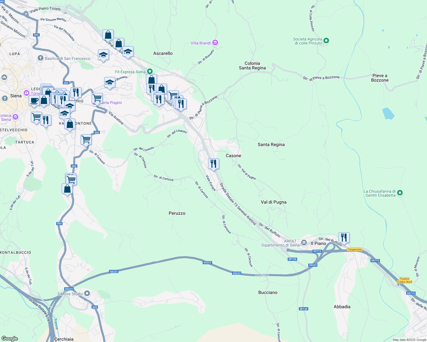 map of restaurants, bars, coffee shops, grocery stores, and more near 28 Strada Statale 73 Senese Aretina in Siena