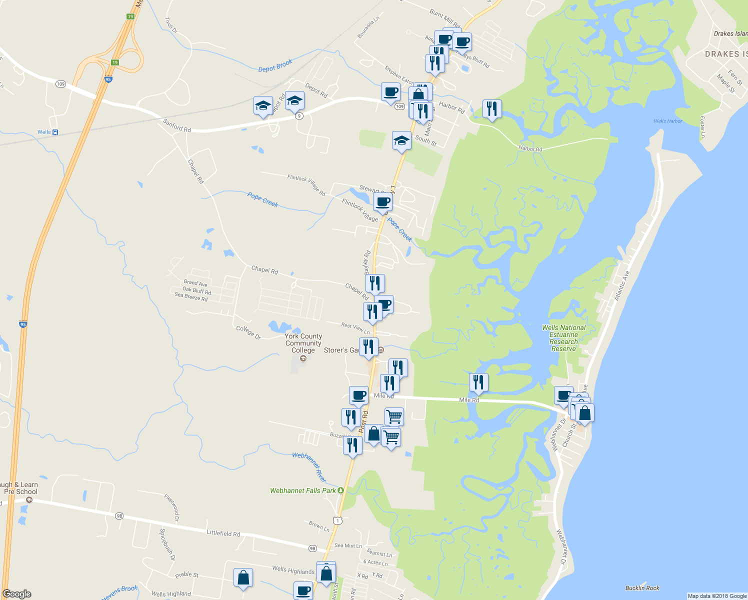 map of restaurants, bars, coffee shops, grocery stores, and more near 29 Chapel Road in Wells