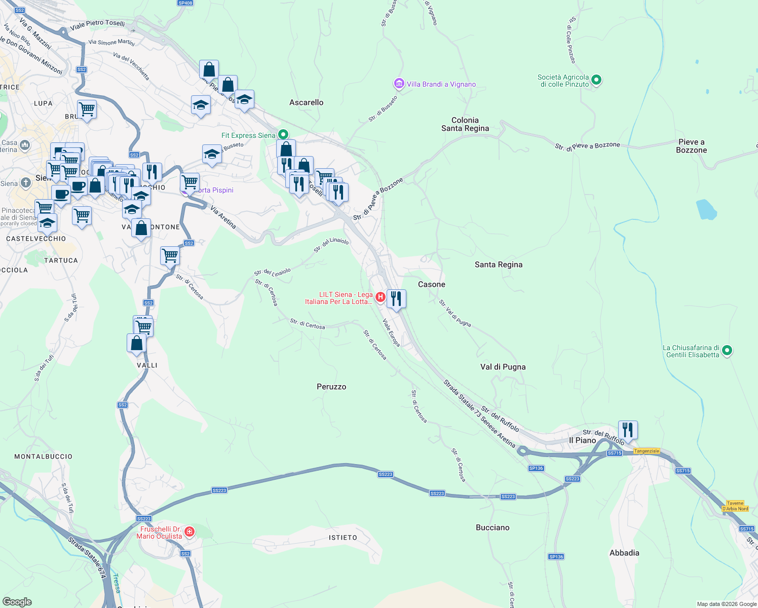 map of restaurants, bars, coffee shops, grocery stores, and more near 15 Viale Europa in Siena