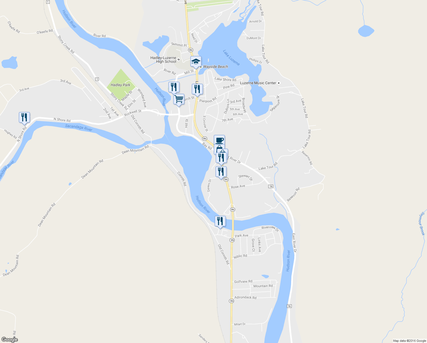 map of restaurants, bars, coffee shops, grocery stores, and more near 95 Lake Avenue in Lake Luzerne