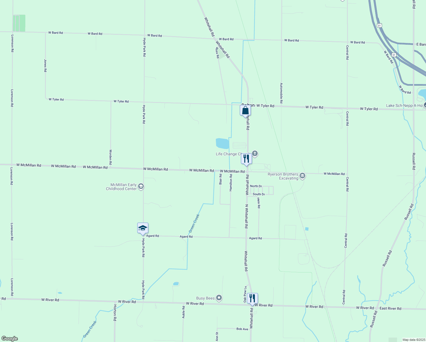 map of restaurants, bars, coffee shops, grocery stores, and more near 1015 West McMillan Road in Muskegon