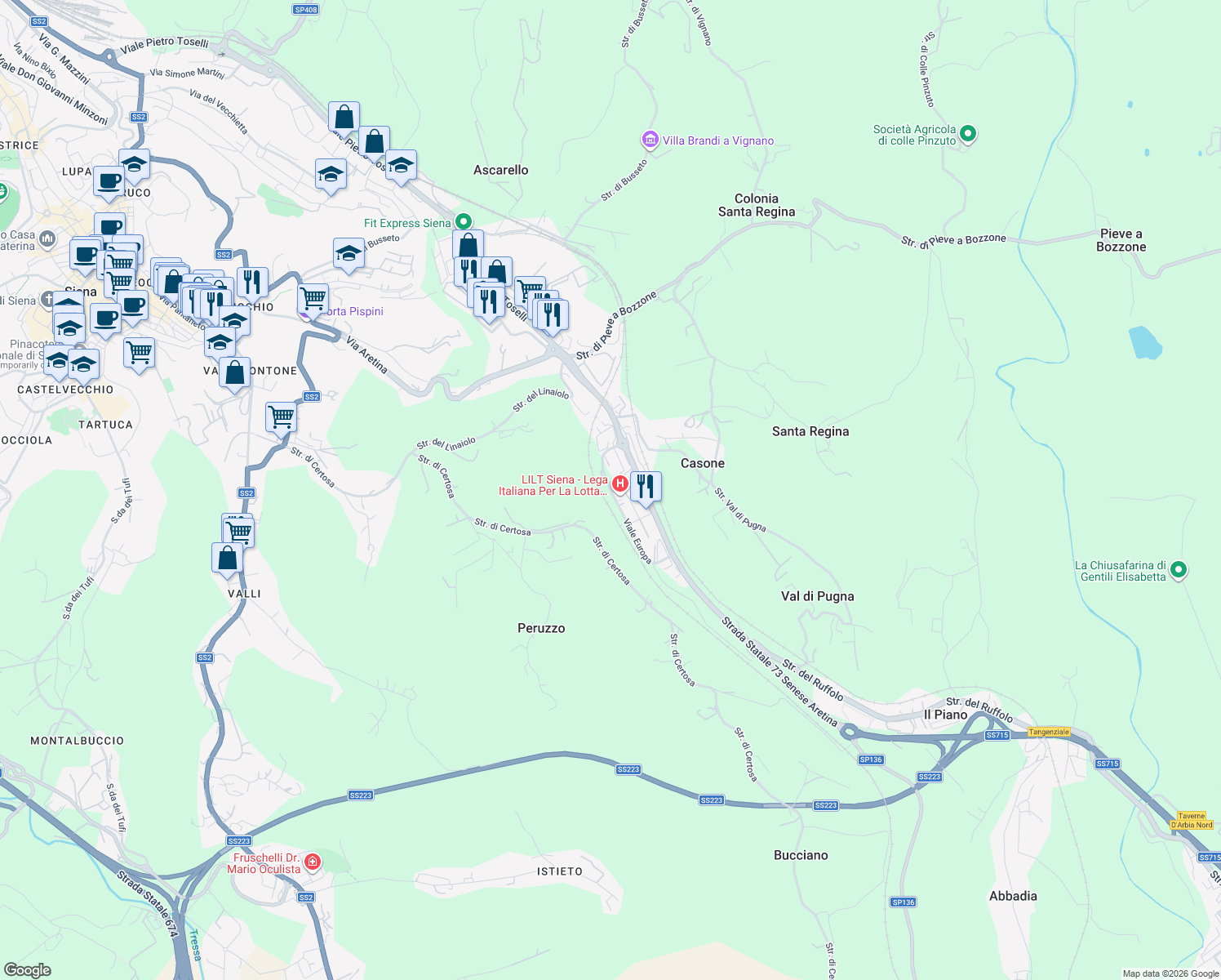 map of restaurants, bars, coffee shops, grocery stores, and more near 15 Viale Europa in Siena
