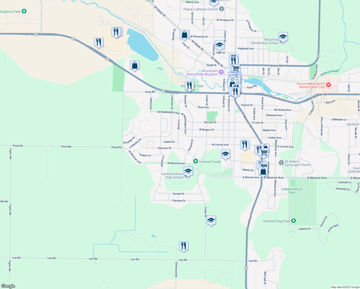 map of restaurants, bars, coffee shops, grocery stores, and more near 524 Birch Ln in Hartford