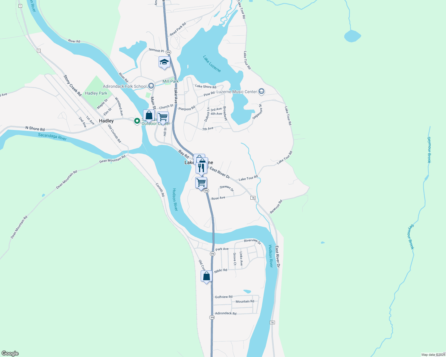 map of restaurants, bars, coffee shops, grocery stores, and more near 1005 E River Dr in Lake Luzerne