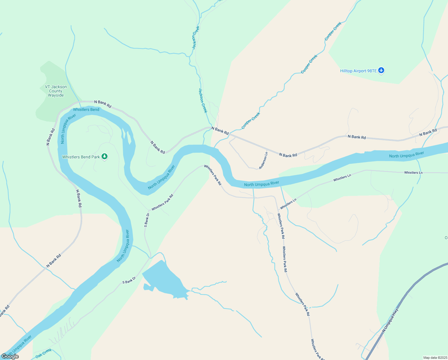 map of restaurants, bars, coffee shops, grocery stores, and more near 2151 Whistlers Park Road in Roseburg