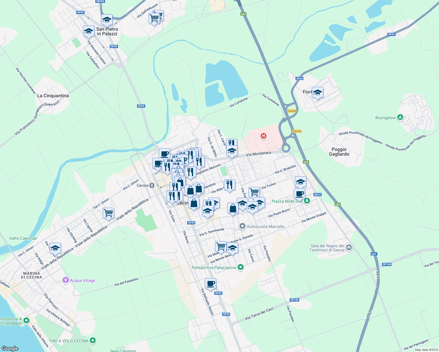 map of restaurants, bars, coffee shops, grocery stores, and more near 67 Via Giovanni Amendola in Cecina