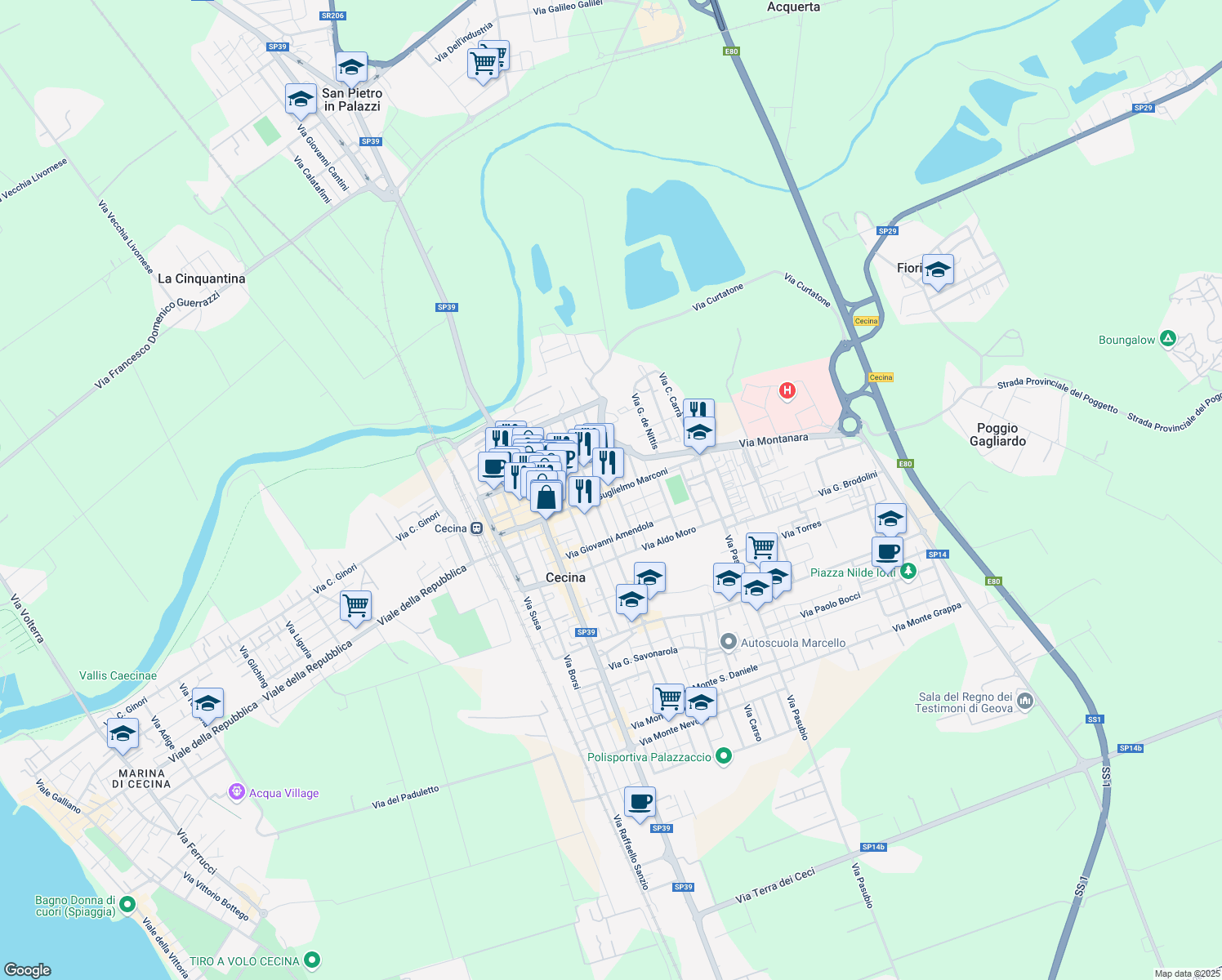 map of restaurants, bars, coffee shops, grocery stores, and more near 43/A Viale Guglielmo Marconi in Cecina
