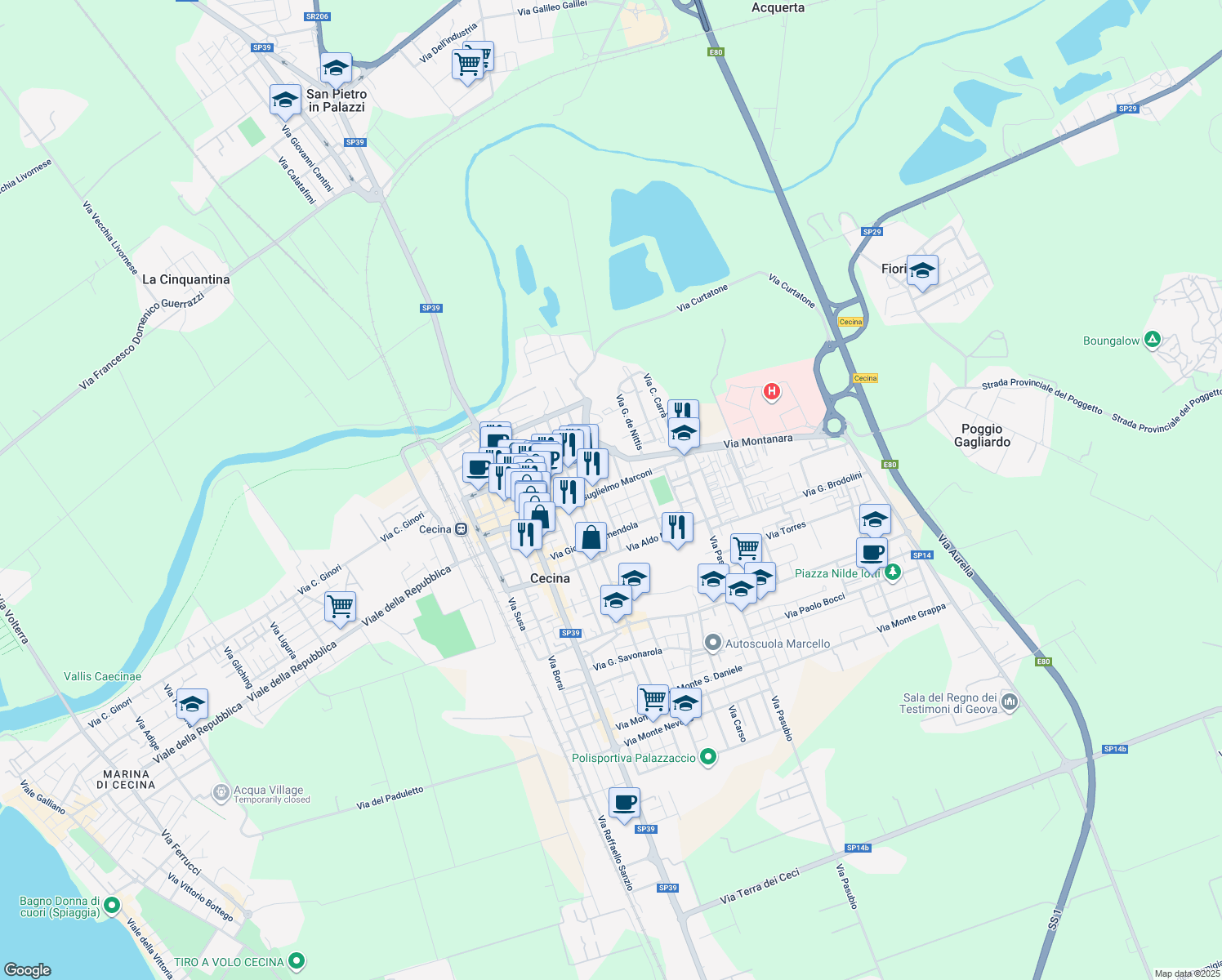 map of restaurants, bars, coffee shops, grocery stores, and more near 68 Viale Guglielmo Marconi in Cecina