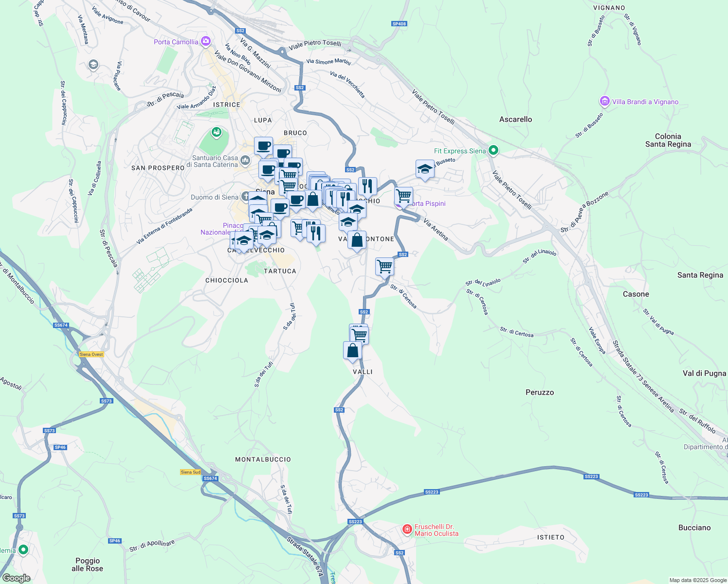 map of restaurants, bars, coffee shops, grocery stores, and more near 3 Via Enea Silvio Piccolomini in Siena