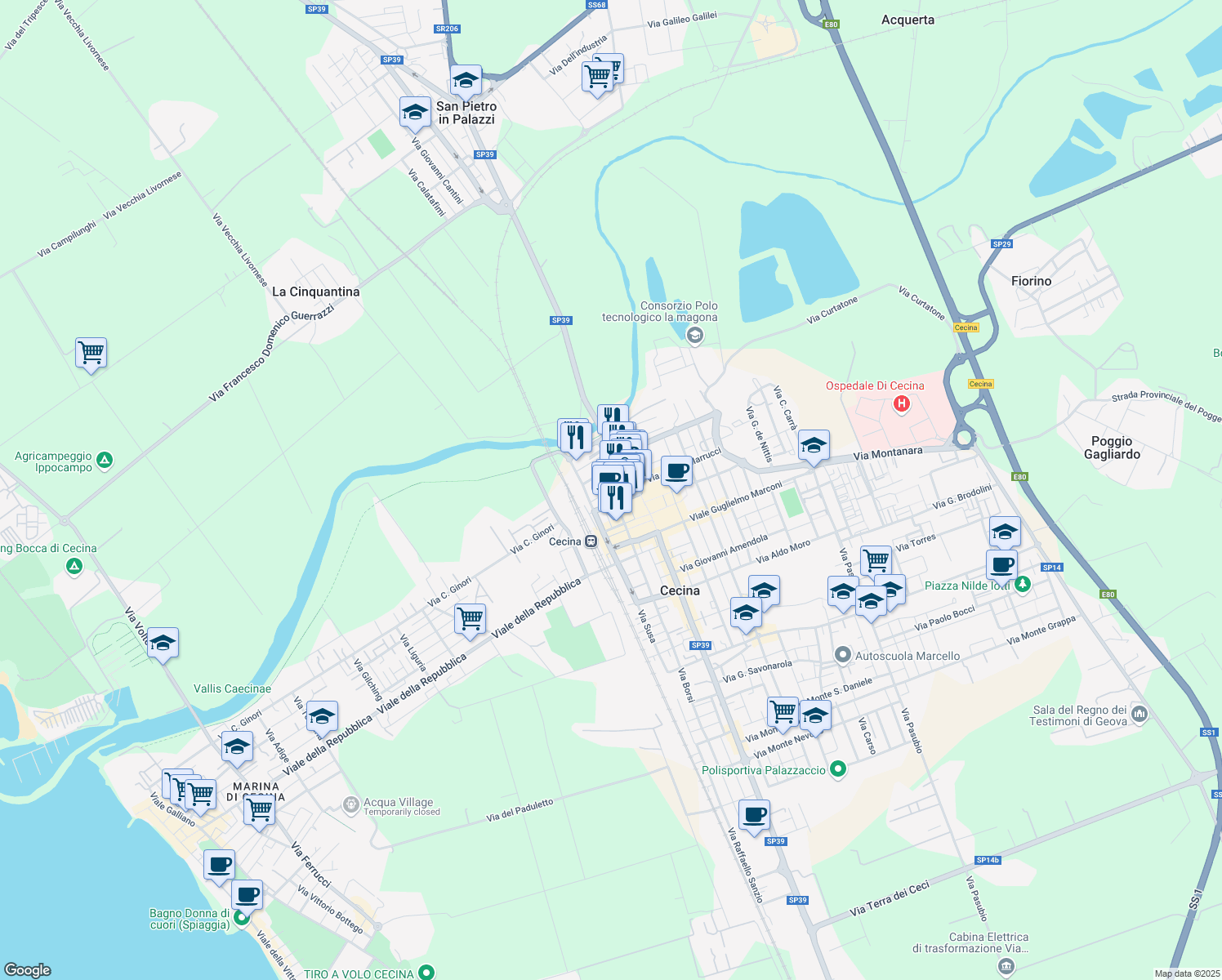 map of restaurants, bars, coffee shops, grocery stores, and more near 36 Via Armando Diaz in Cecina