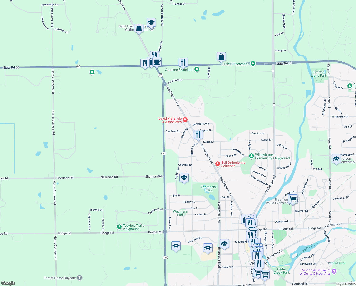map of restaurants, bars, coffee shops, grocery stores, and more near W73N1019 Poplar Avenue in Cedarburg