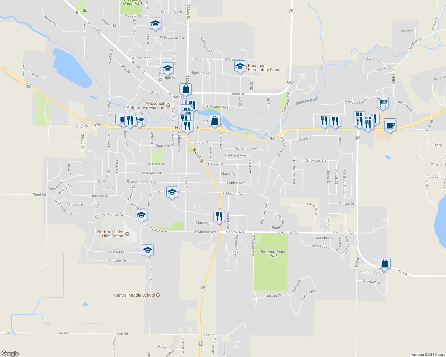 map of restaurants, bars, coffee shops, grocery stores, and more near 422 Grand Ave in Hartford