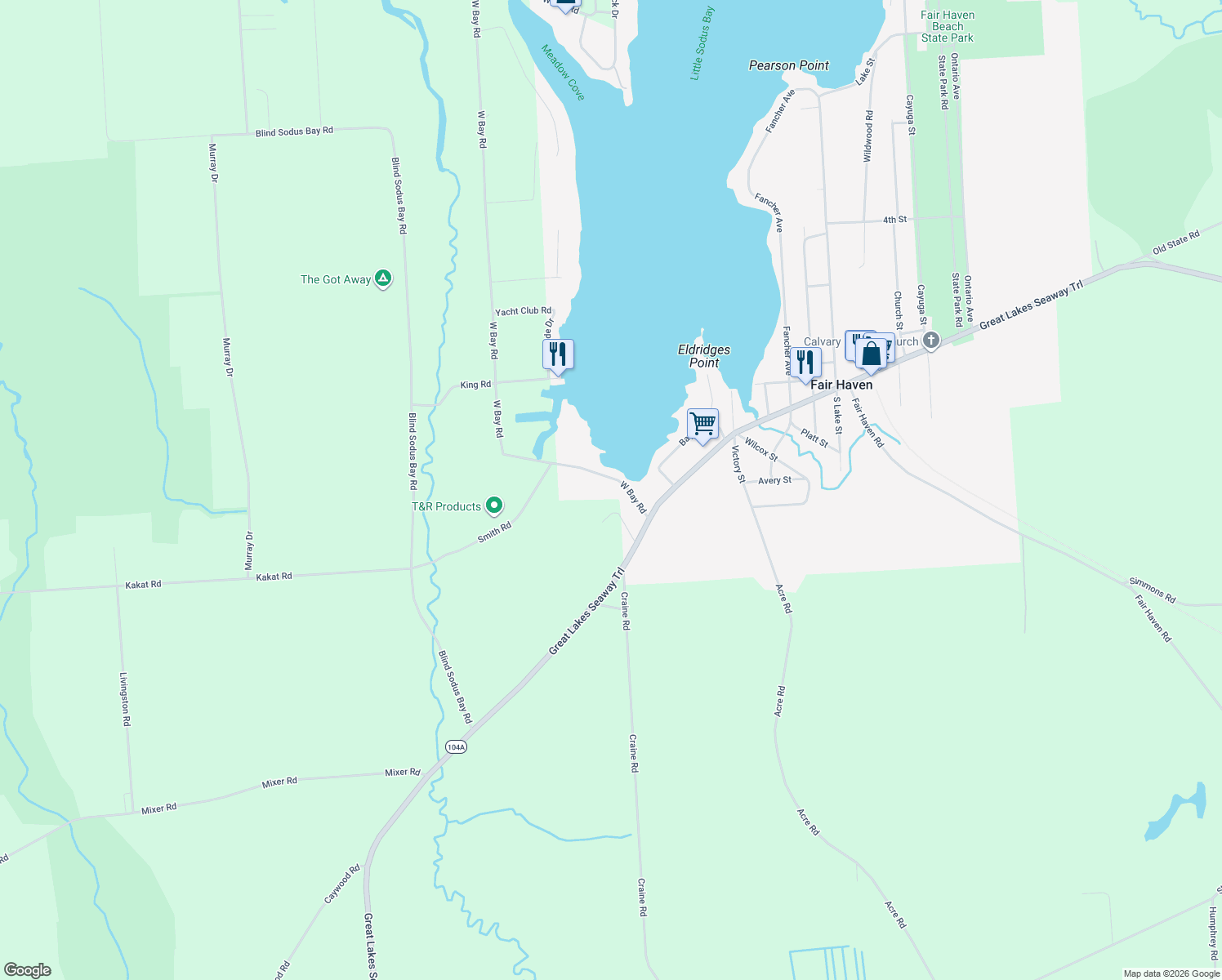 map of restaurants, bars, coffee shops, grocery stores, and more near 14387 West Bay Road in Sterling