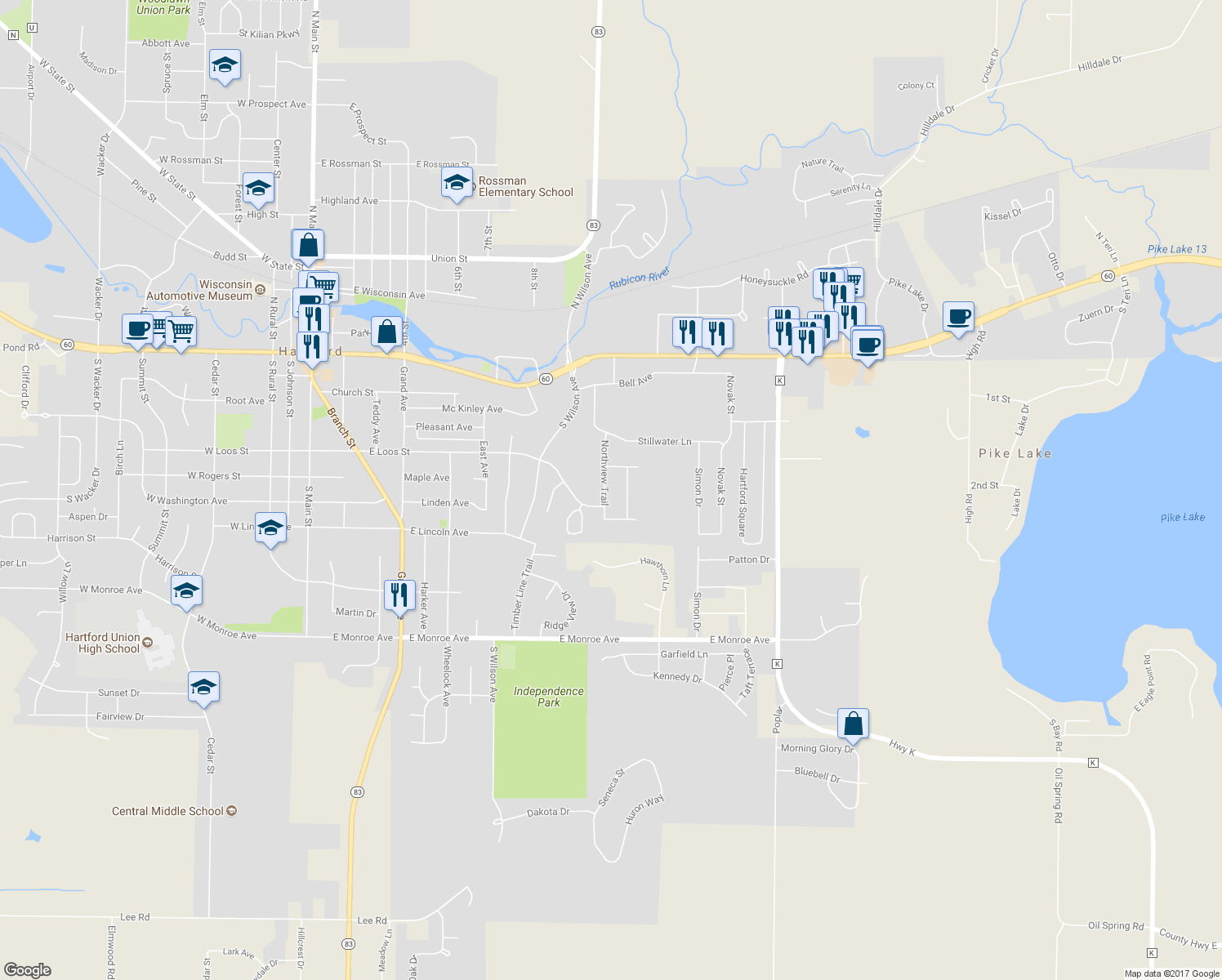 map of restaurants, bars, coffee shops, grocery stores, and more near 428 Northview Trail in Hartford