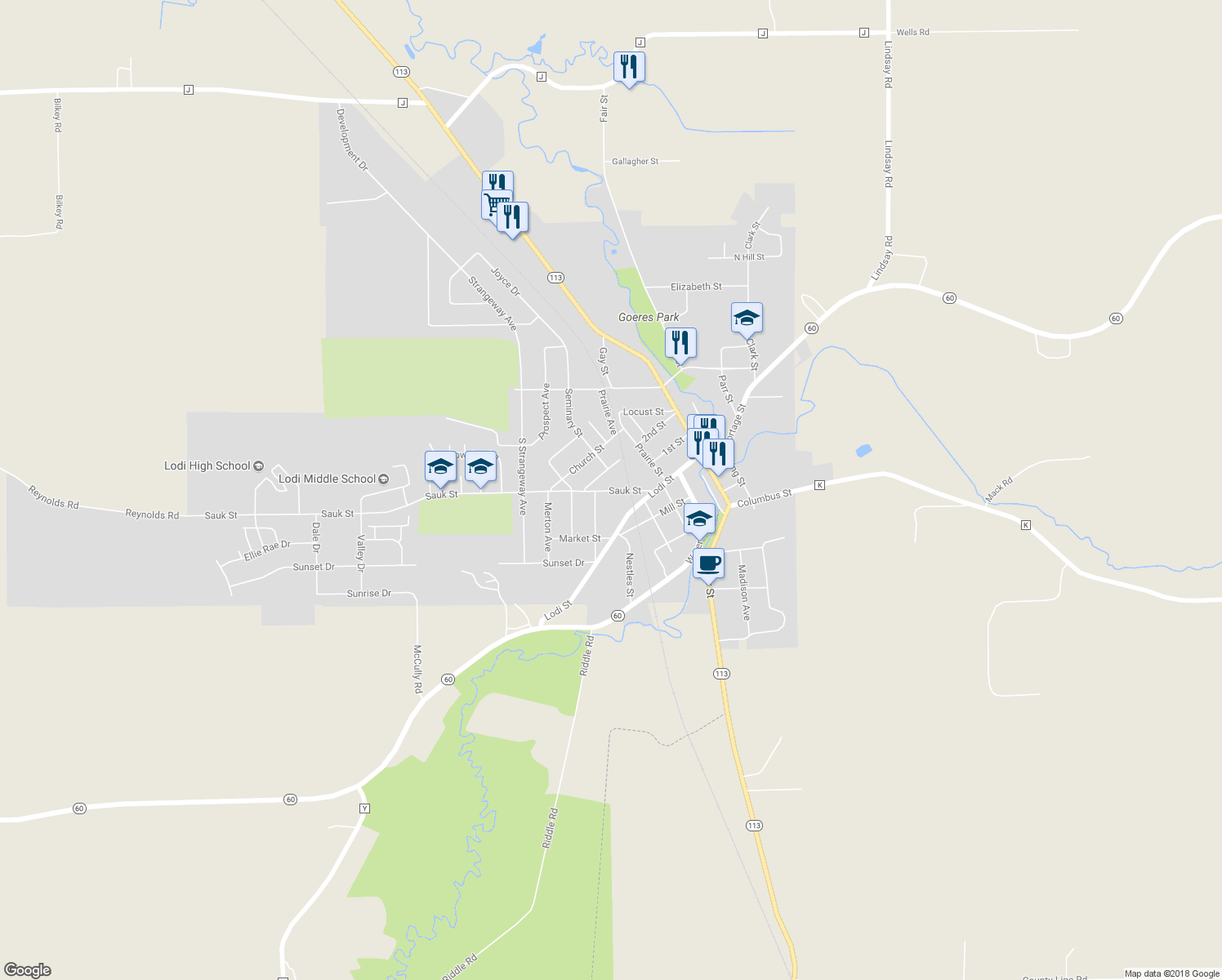 map of restaurants, bars, coffee shops, grocery stores, and more near 254 Sauk Street in Lodi