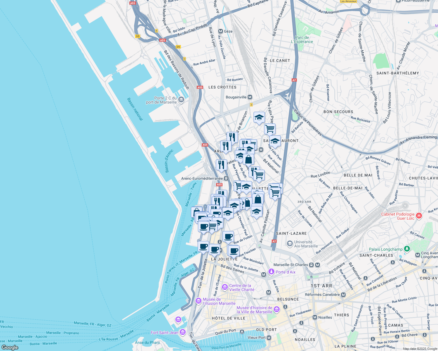 map of restaurants, bars, coffee shops, grocery stores, and more near 2 Boulevard Euromediterranée Quai d'Arenc in Marseille