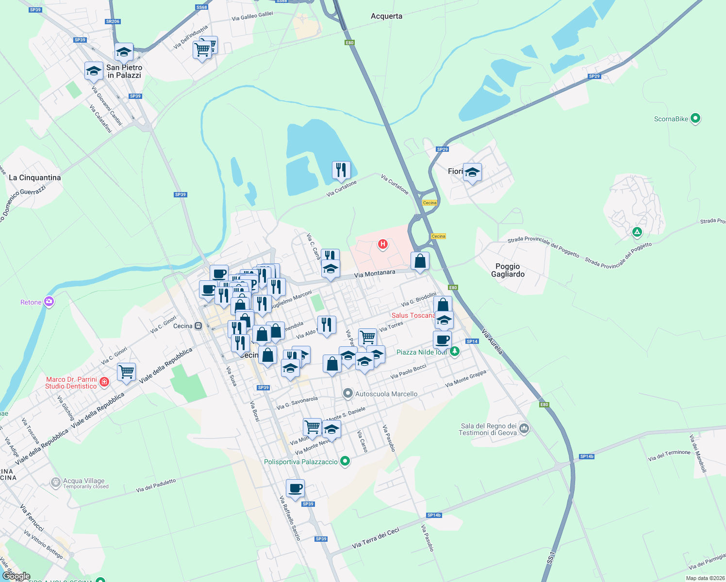 map of restaurants, bars, coffee shops, grocery stores, and more near 12 Via Guido Rossa in Cecina