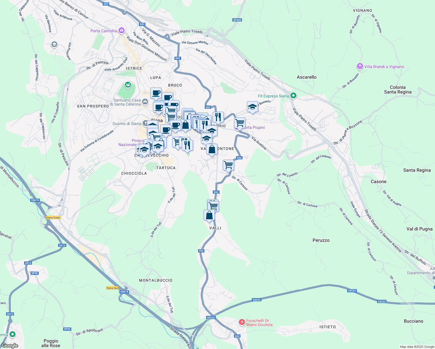 map of restaurants, bars, coffee shops, grocery stores, and more near 3 Via Enea Silvio Piccolomini in Siena