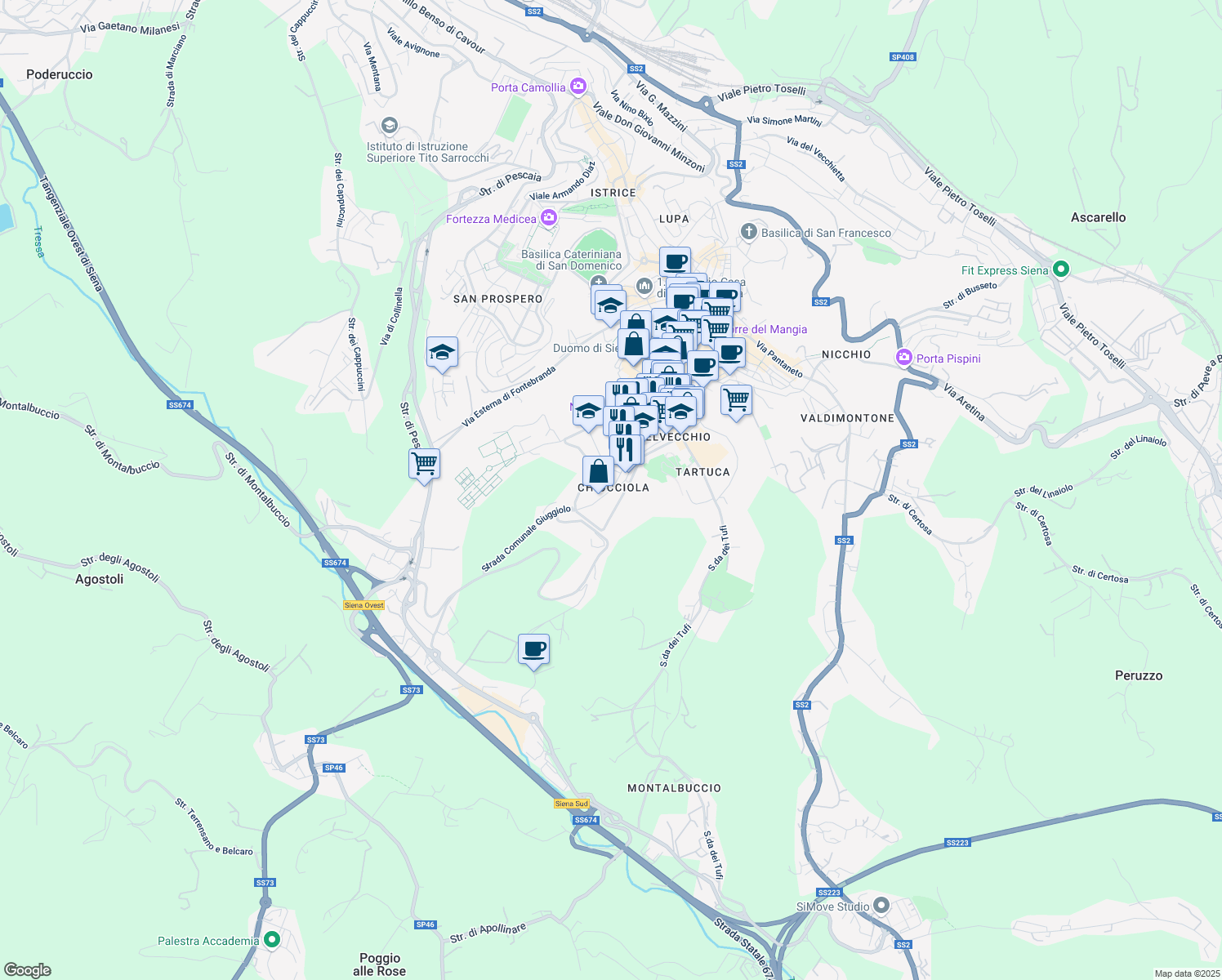 map of restaurants, bars, coffee shops, grocery stores, and more near 38 Via San Marco in Siena