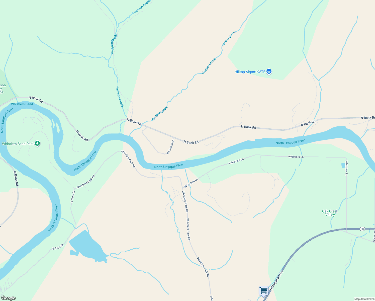 map of restaurants, bars, coffee shops, grocery stores, and more near 13767 North Bank Road in Roseburg