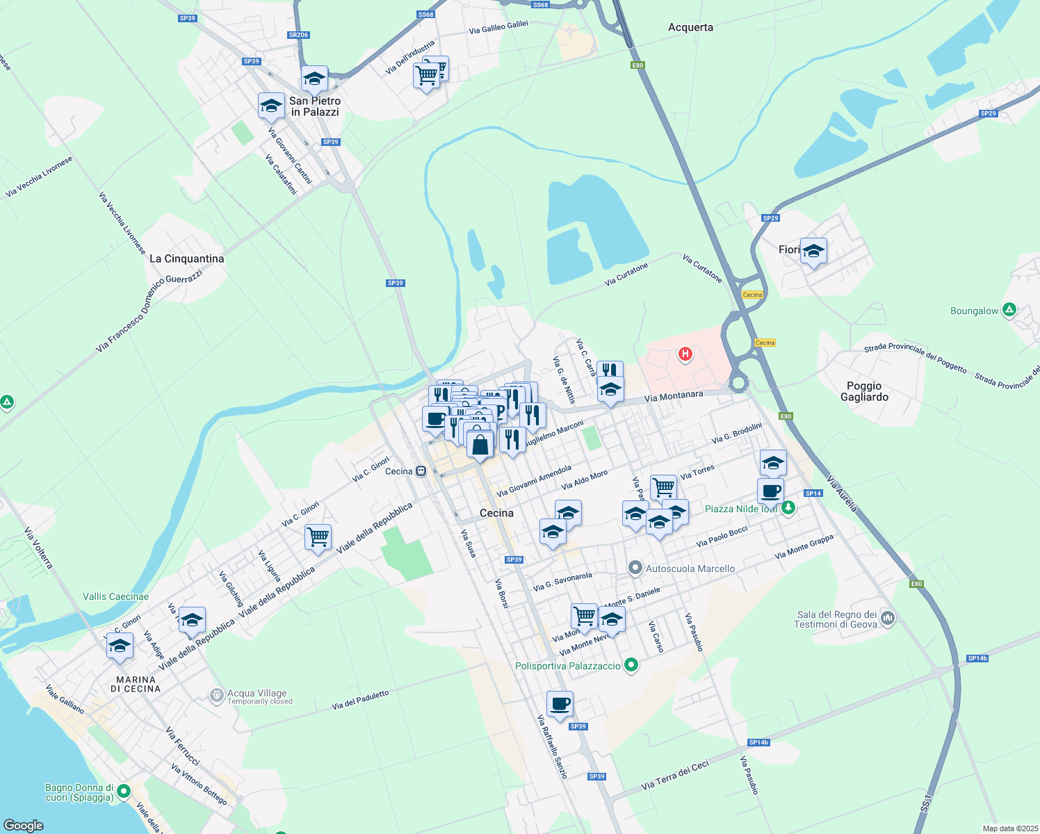 map of restaurants, bars, coffee shops, grocery stores, and more near 43a Viale Guglielmo Marconi in Cecina