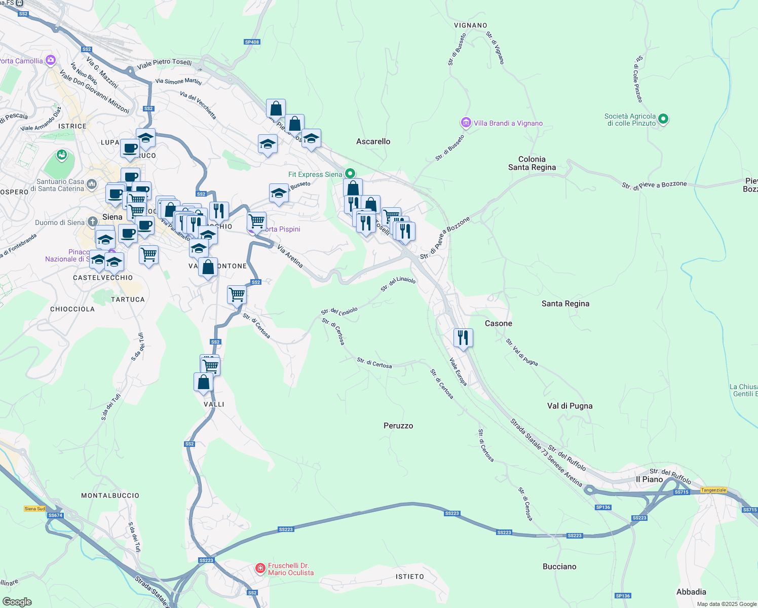 map of restaurants, bars, coffee shops, grocery stores, and more near 10 Strada del Linaiolo in Siena