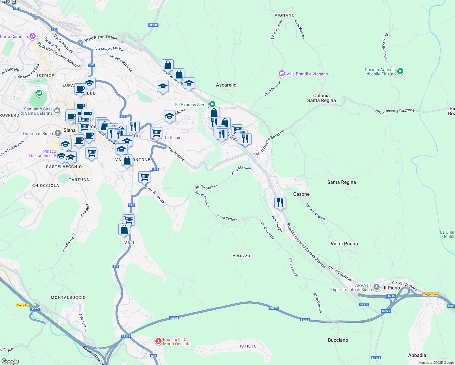 map of restaurants, bars, coffee shops, grocery stores, and more near 10 Strada del Linaiolo in Siena
