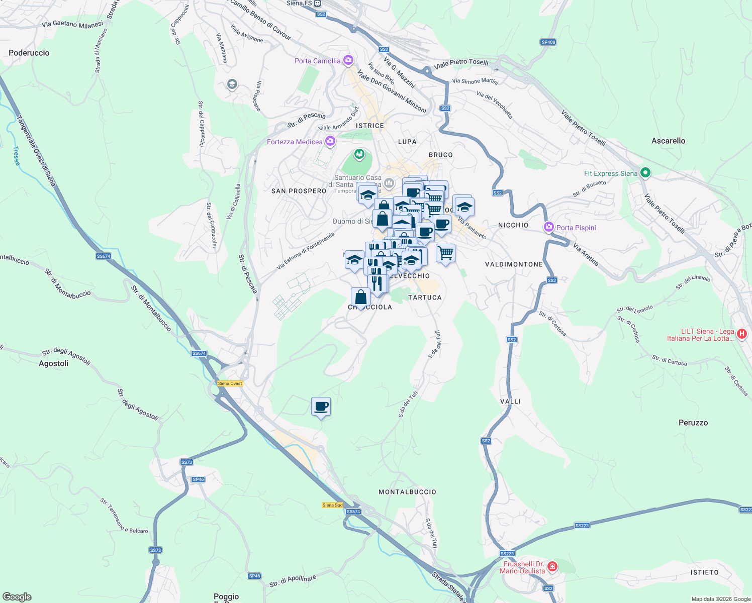 map of restaurants, bars, coffee shops, grocery stores, and more near 89 Via delle Sperandie in Siena