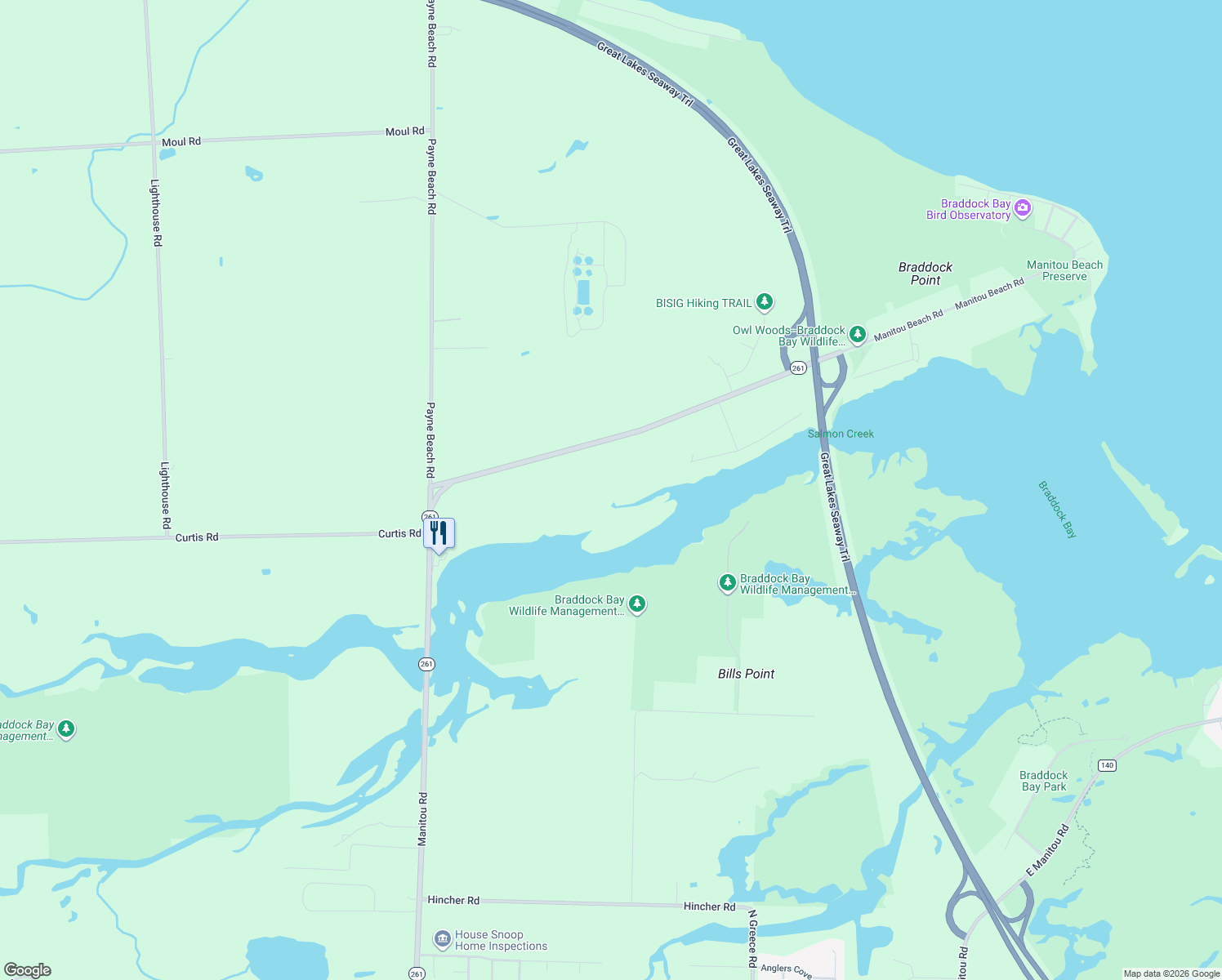 map of restaurants, bars, coffee shops, grocery stores, and more near 512 Manitou Beach Road in Hilton