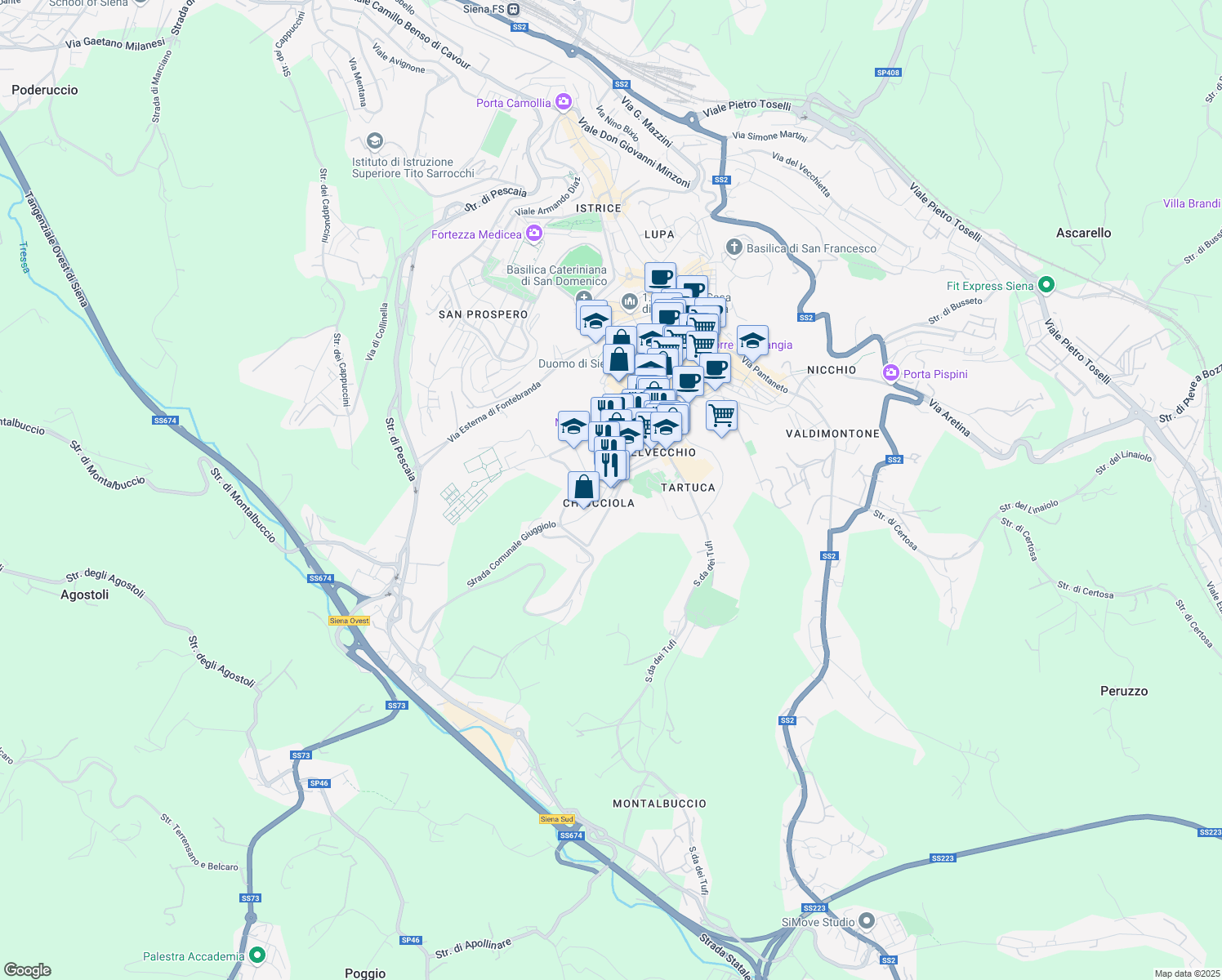 map of restaurants, bars, coffee shops, grocery stores, and more near 38 Via San Marco in Siena