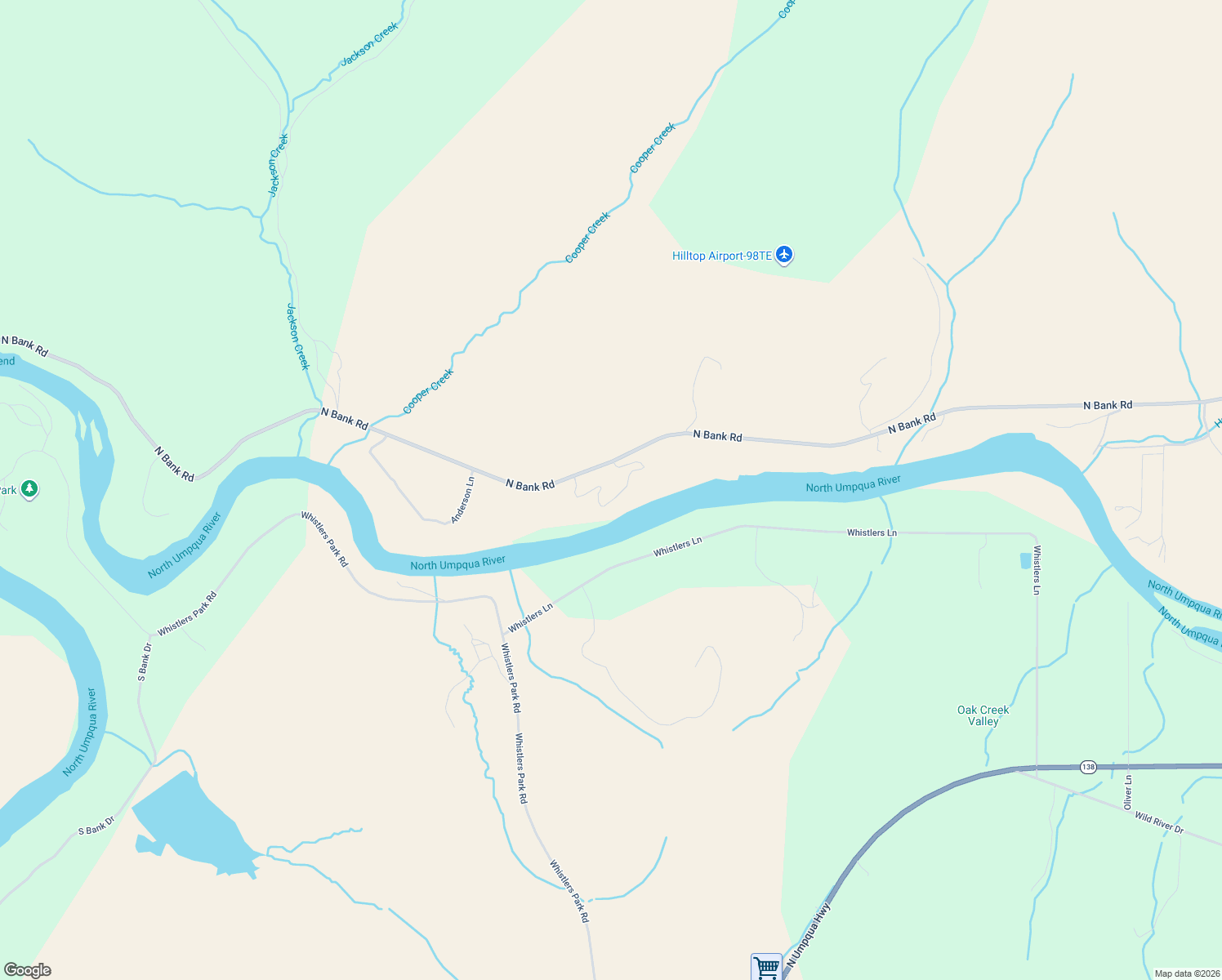 map of restaurants, bars, coffee shops, grocery stores, and more near 14115 North Bank Road in Roseburg