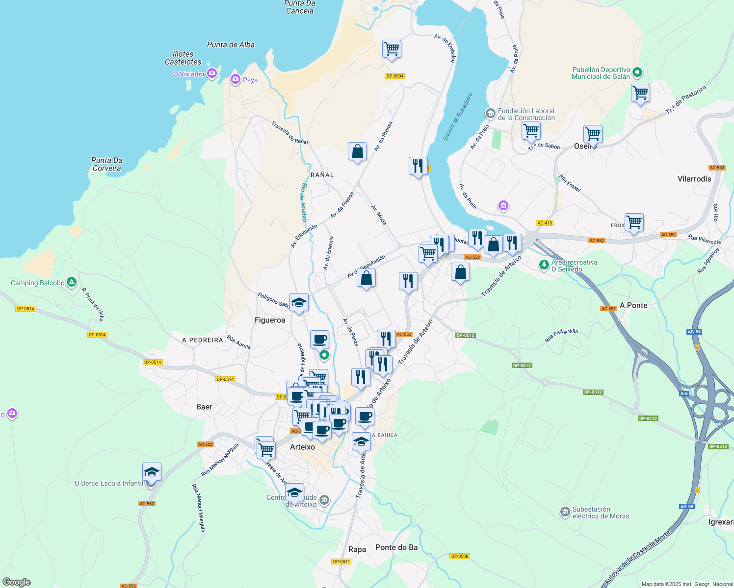 map of restaurants, bars, coffee shops, grocery stores, and more near Avenida da Deputación in La Coruña