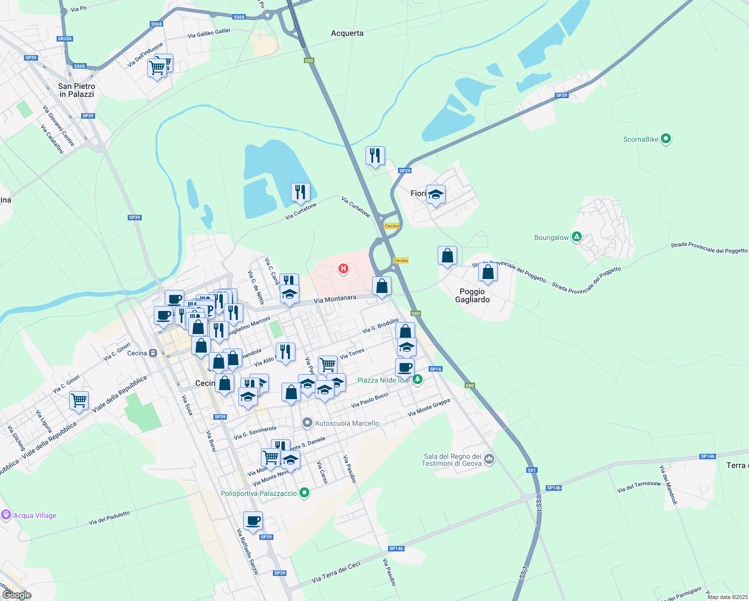 map of restaurants, bars, coffee shops, grocery stores, and more near 58 Via Montanara in Cecina