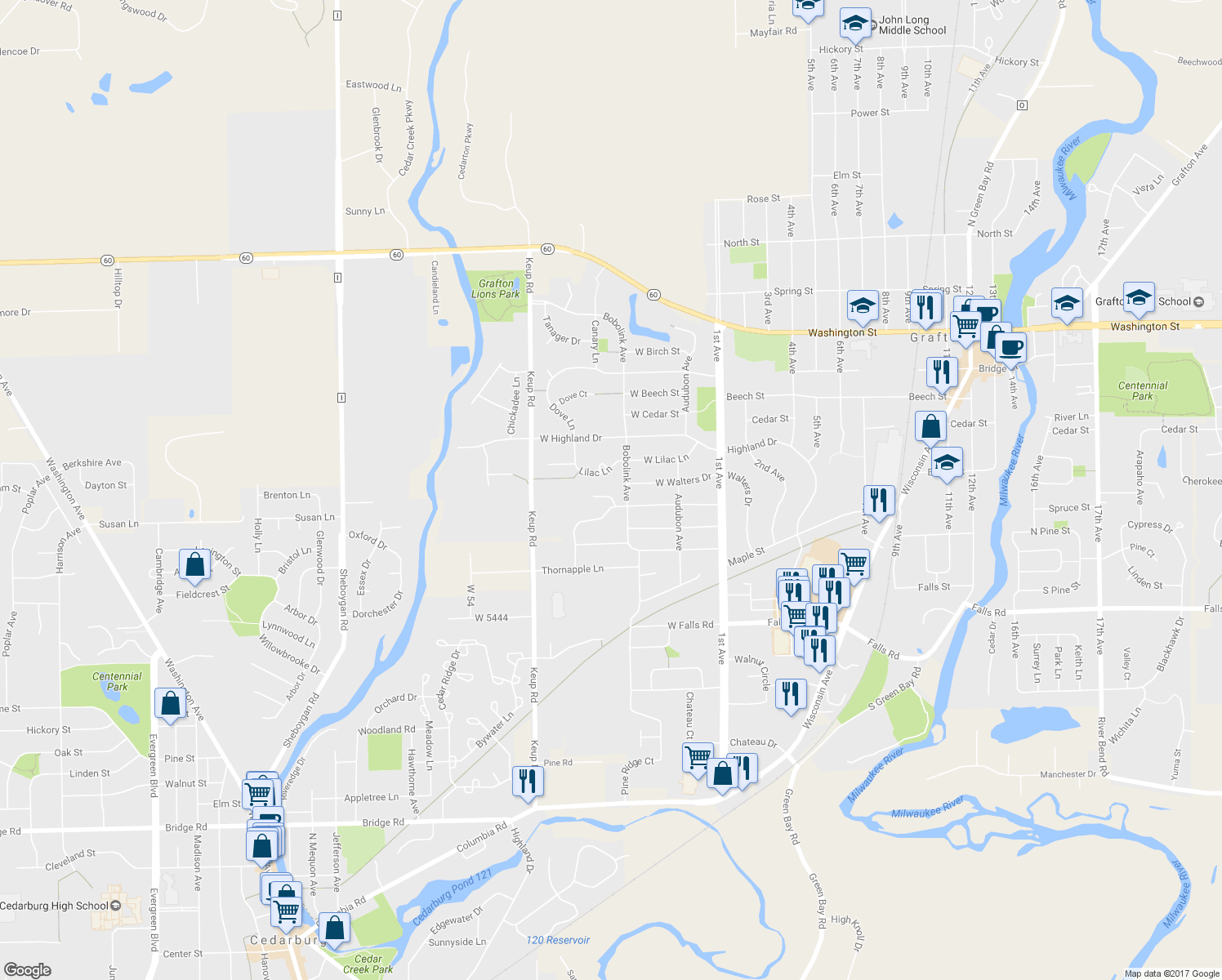 map of restaurants, bars, coffee shops, grocery stores, and more near 328 Juniper Court in Grafton