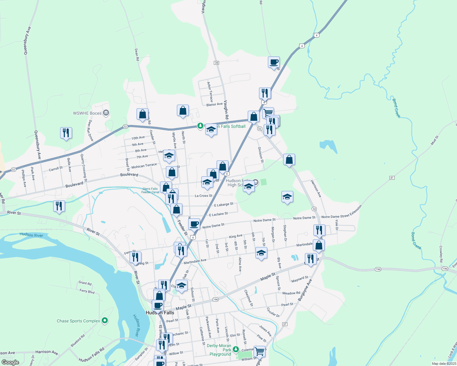 map of restaurants, bars, coffee shops, grocery stores, and more near 350 Main St in Hudson Falls
