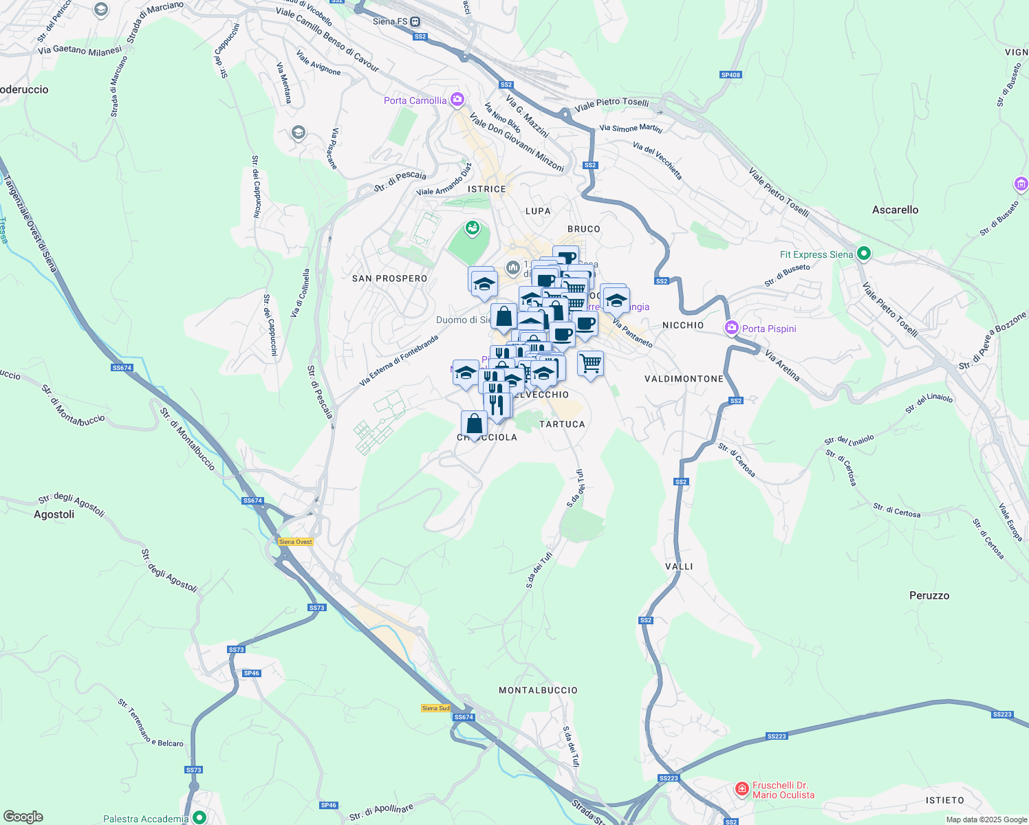 map of restaurants, bars, coffee shops, grocery stores, and more near 17 Via delle Cerchia in Siena