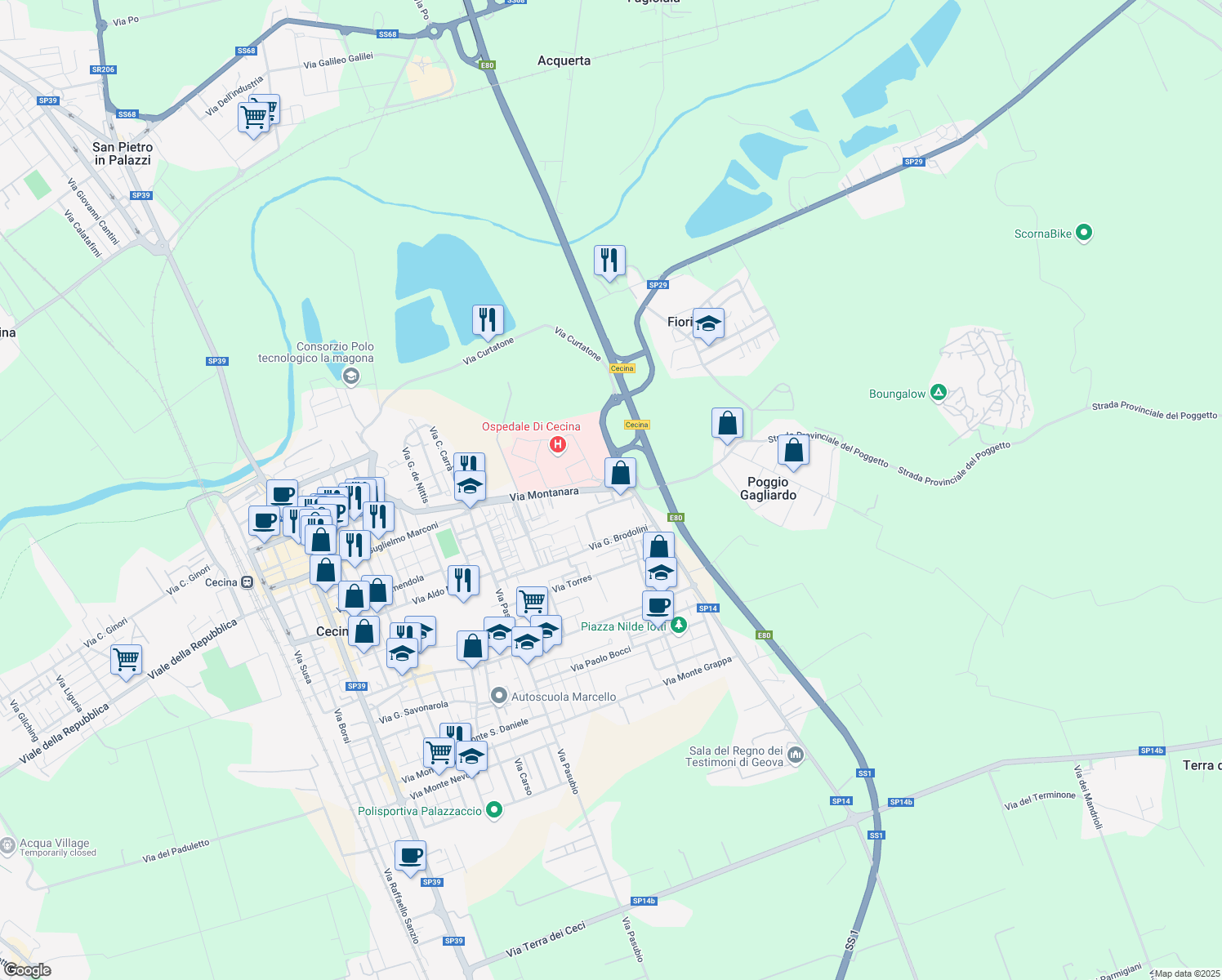 map of restaurants, bars, coffee shops, grocery stores, and more near 58 Via Montanara in Cecina